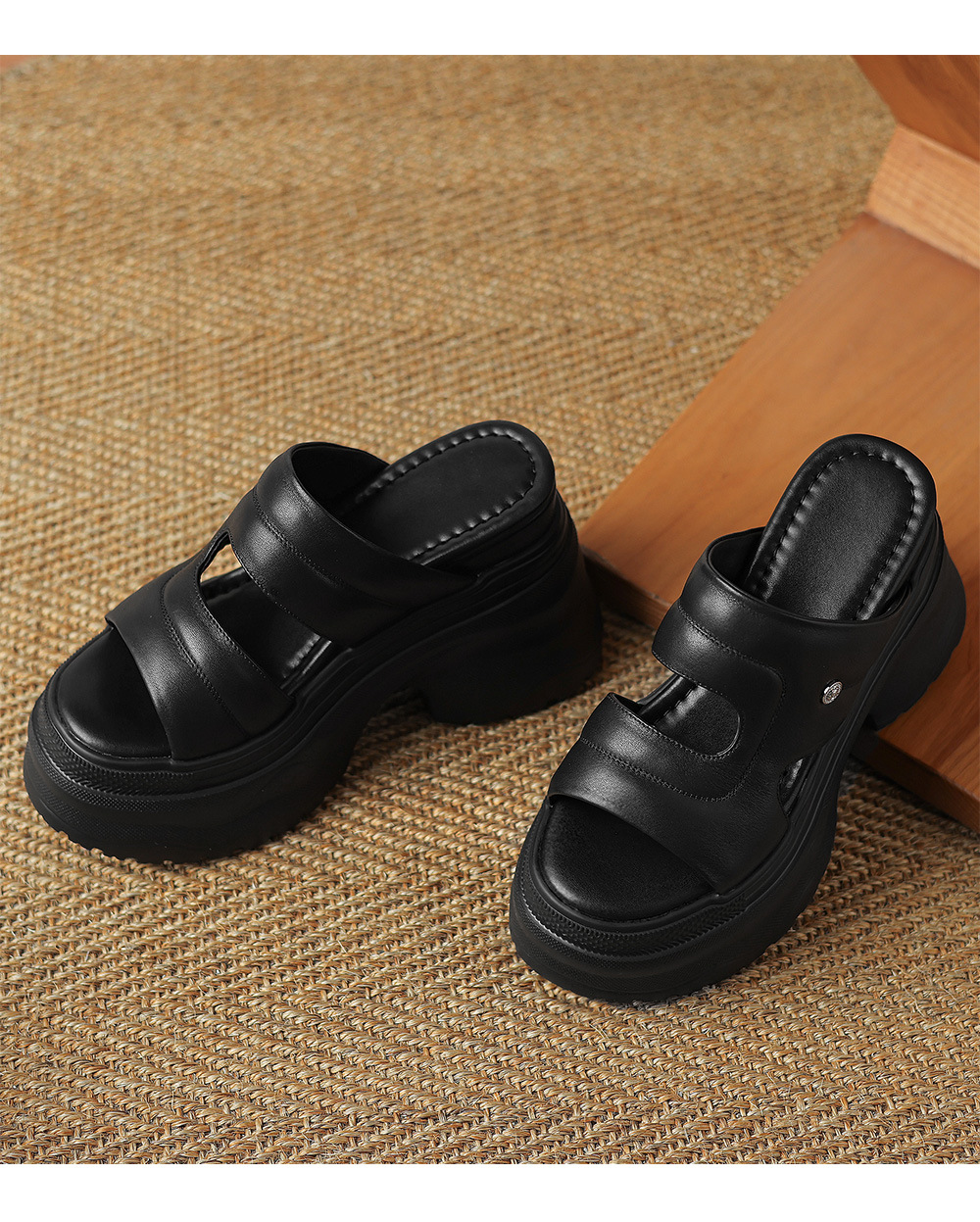 Dép sandal cao gót nữ hở mũi quai ngang da thật đế dày — Màu đen, Màu trắng chi tiết 14