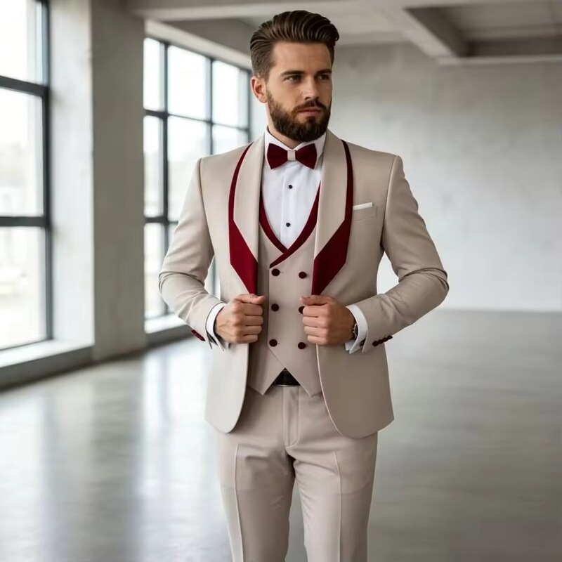 Retro color-blocked tuxedo with shawl collar for men, three-piece suit for groom, wedding, slim-fit banquet suit Retro color-blocked tuxedo with shawl collar for men, three-piece suit for groom, wedding, slim-fit banquet suit