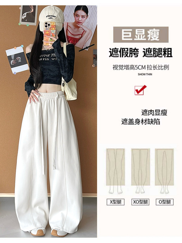 美式抽绳阔腿裤女春秋2025新款高腰设计感宽松休闲小个子弯刀卫裤|undefined