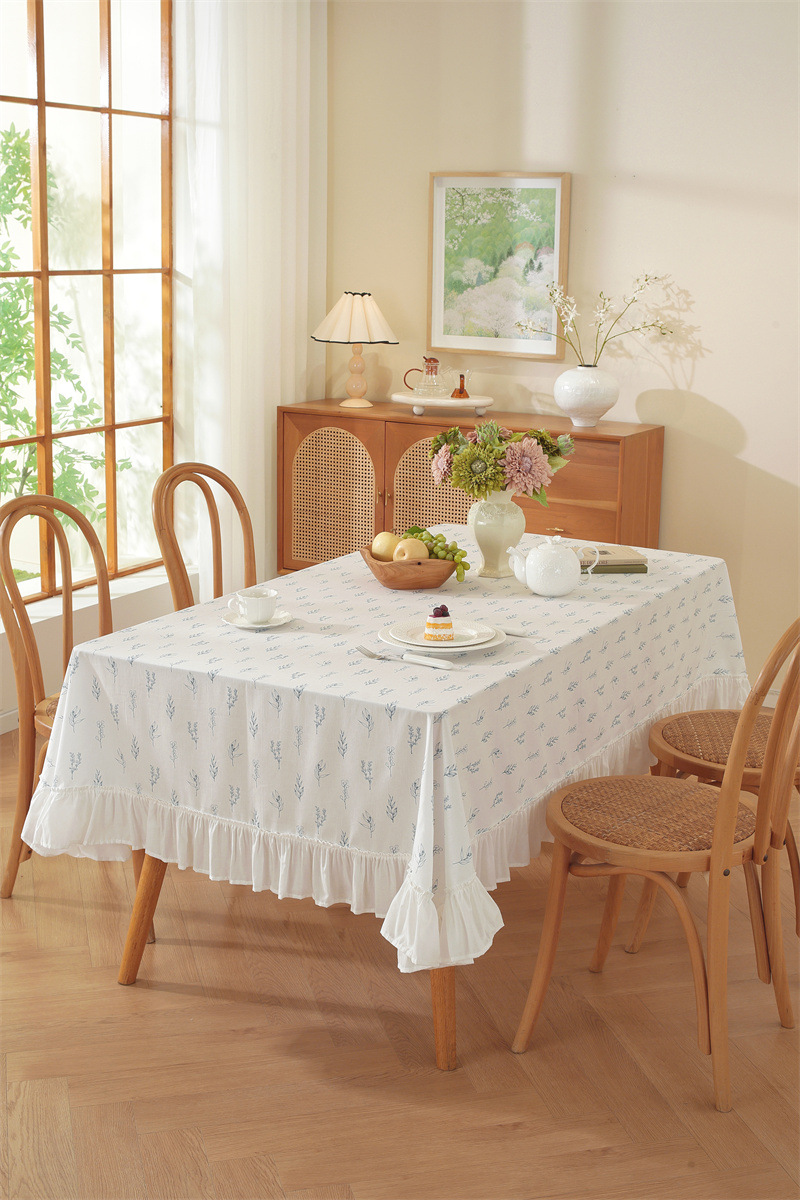 Cotton Printed Green Floral Tassel Tablecloth For Dining Table_voghion.com