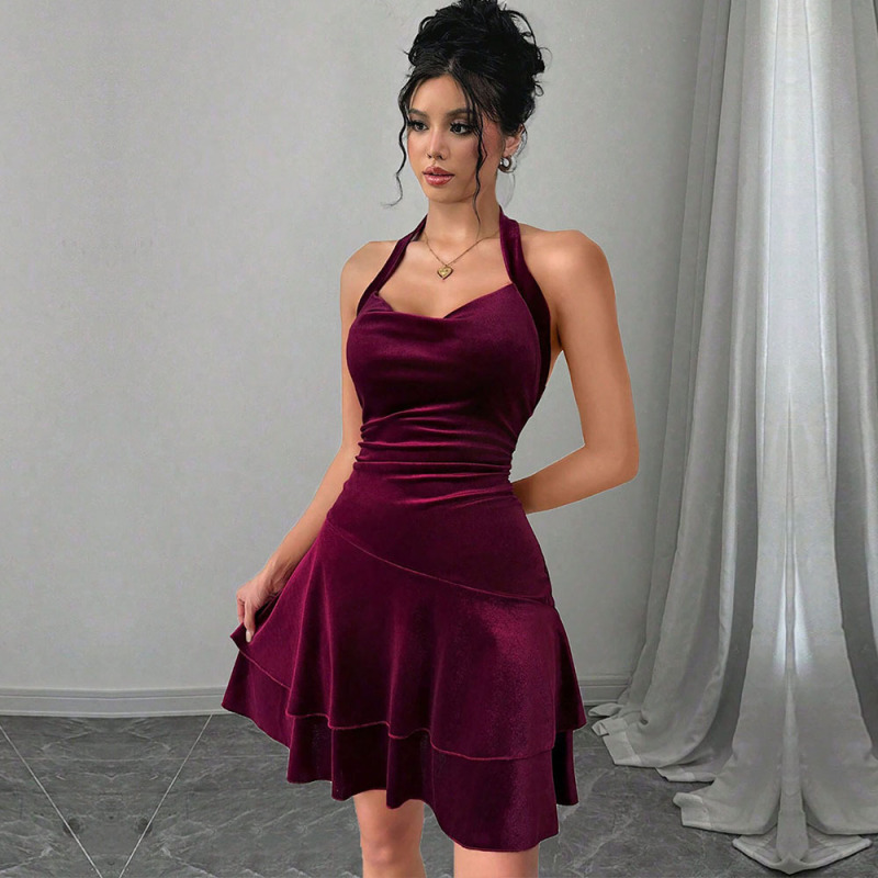 2026 Spring and Summer New Amazon Cross-Border Women's Clothing European and American Sexy Style Velvet Halter Dress Party Mini Skirt