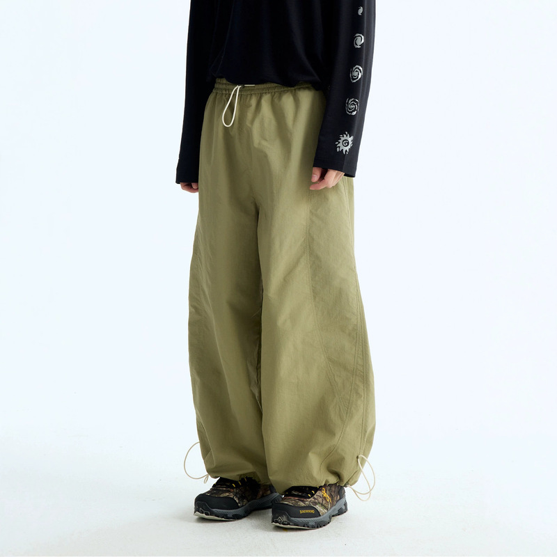 Japanese-Style Green Workwear Casual Pants for Men and Women, Spring and Summer Drawstring Waistband Floor-Length Pants, Lazy Style Slimming Wide-Leg Pants