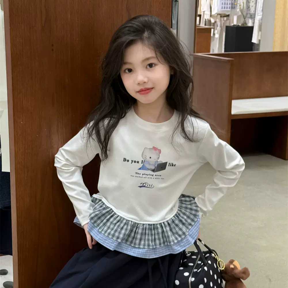 花与寻女童长袖衫2025秋季新款韩版拼接格子下摆T恤设计款棉质t潮