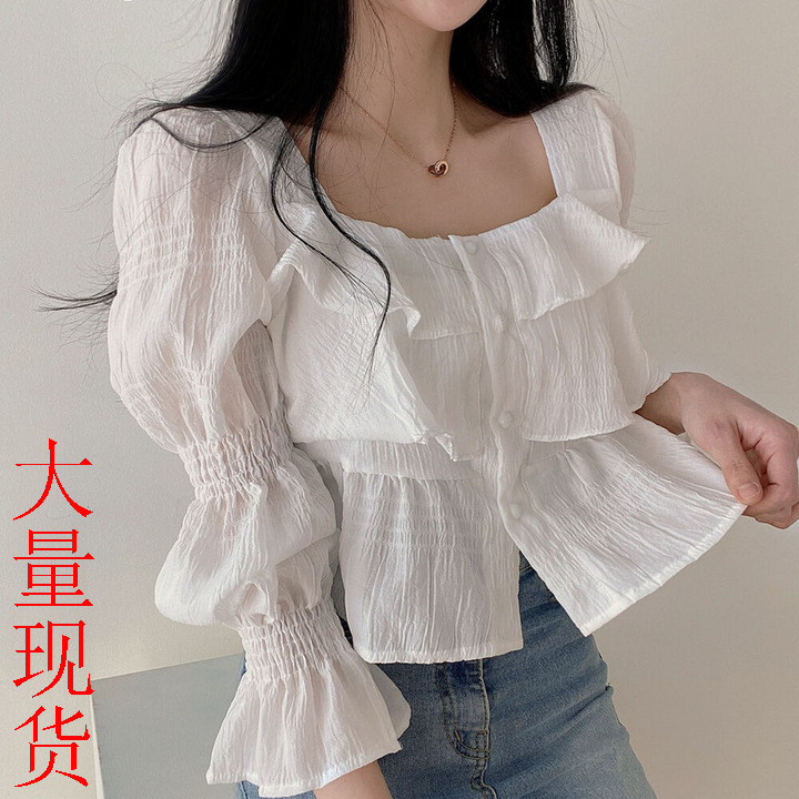 Dongdaemun Shirt Early Autumn French Chiffon Shirt Sweet Bell-Sleeve Blouse Short Top Women's Loose Age-Reducing Clothing Dongdaemun Shirt Early Autumn French Chiffon Shirt Sweet Bell-Sleeve Blouse Short Top Women's Loose Age-Reducing Clothing