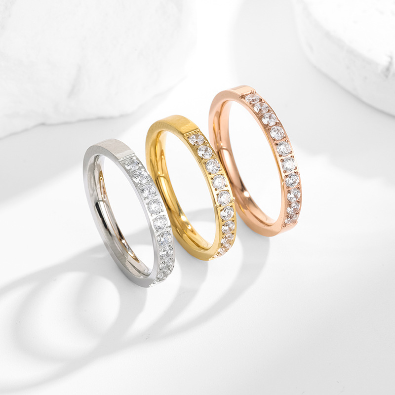 Europe and the United States personality fashion ring half circle CNC micro inlay ten diamond rose gold titanium steel ring girls ring tail ring