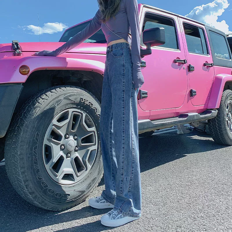 Женские джинсы в стиле пэчворк, свободные прямые брюки, новые летние узкие широкие брюки в пол в стиле ретро 2023 года, тонкий стиль с высокой талией.