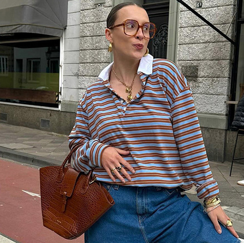 American cool spicy top, niche color-block striped loose T-shirt, 2024 Western autumn fashion new retro long-sleeve