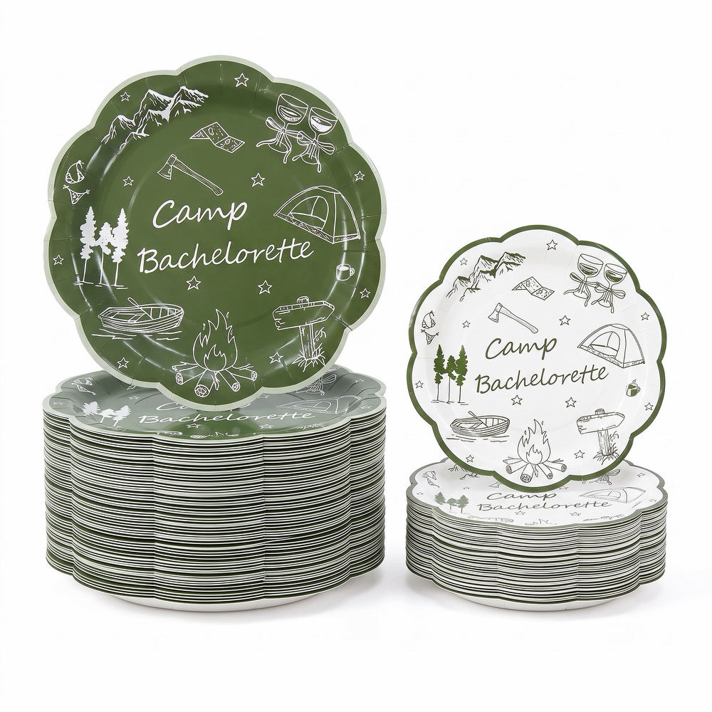 Food-grade, light-colored, forest-themed disposable paper plates for camping, olive green with a white base, suitable for pre-wedding bachelor/bachelorette parties and serving desserts