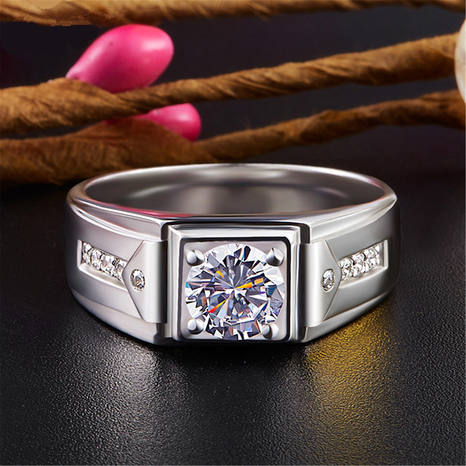 Korean Version New Business Dominant High-end Wide Band White Gold Plated Men's Diamond Ring Fashion Zircon_voghion.com
