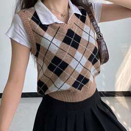 寻觅菱格无袖上衣女韩版学院风叠穿修身显瘦套头针织毛衣马甲背心