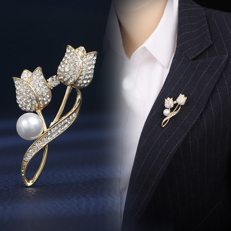 Brooch High-end Women's Suit Coat Pin All-match Anti-glare Tulip Flower Pearl Rhinestone Corsage Accessories