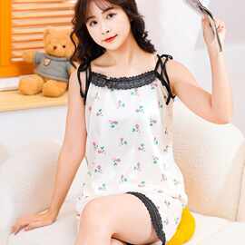H810# 睡衣女薄款花边印花吊带短裤套装睡衣冰丝性感休闲家居服