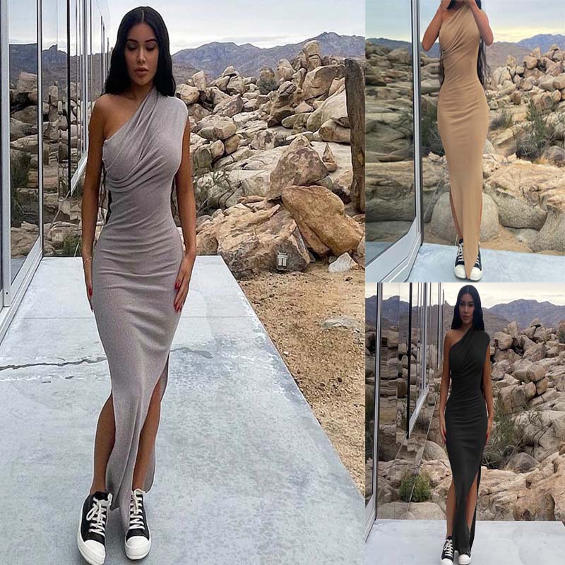 2022 European and American spring and summer new European and American women's wear solid color leisure fold diagonal shoulder fork slim long dress women's wear