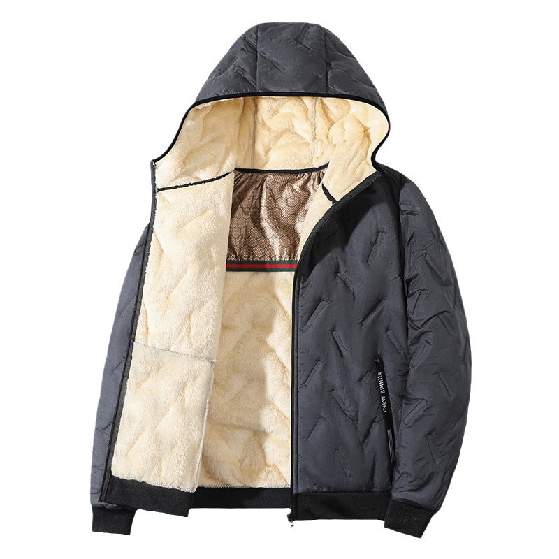 Chaqueta Acolchada con Capucha para Hombre de Poliéster Térmico con Forro de Lana de Cordero para Uso Casual