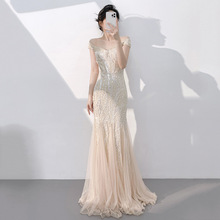 香槟色鱼尾晚礼服2025新款气质长款绝美主持人一字肩鱼尾亮片长裙