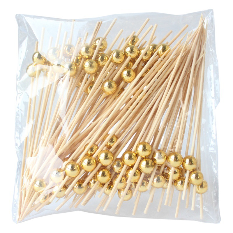 Amazon 100 unids/pack perlas de oro galvanizado palo de fruta Tenedor de fruta de bambú desechable palo de bambú decorativo palo de cadena creativa