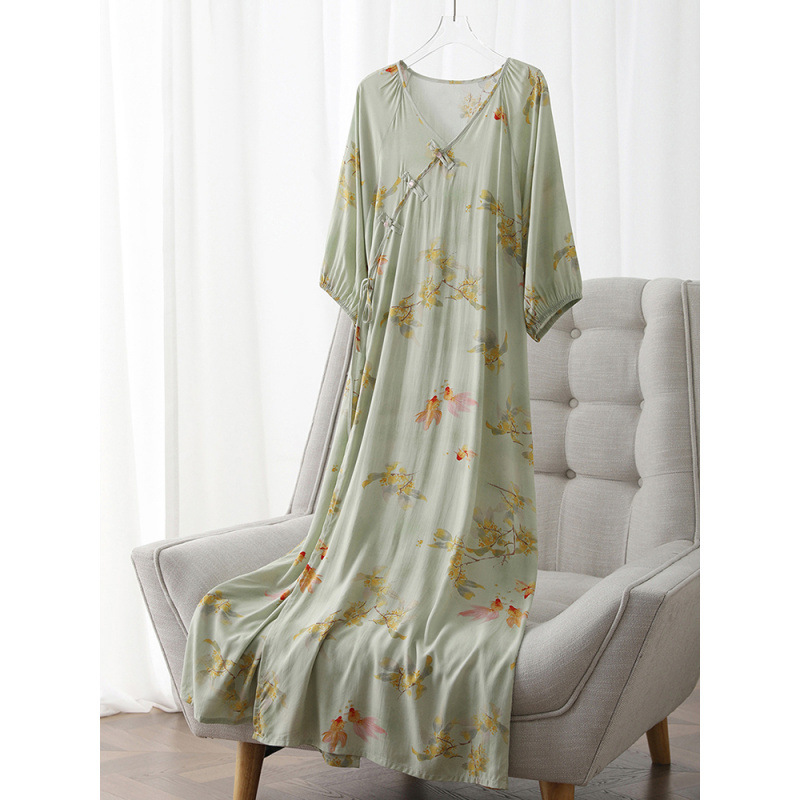 Lazy Style Cheongsam-Style Nightgown for Women, Summer Cool Cotton Silk Dress, Chinese Style Skirt, Extended Length