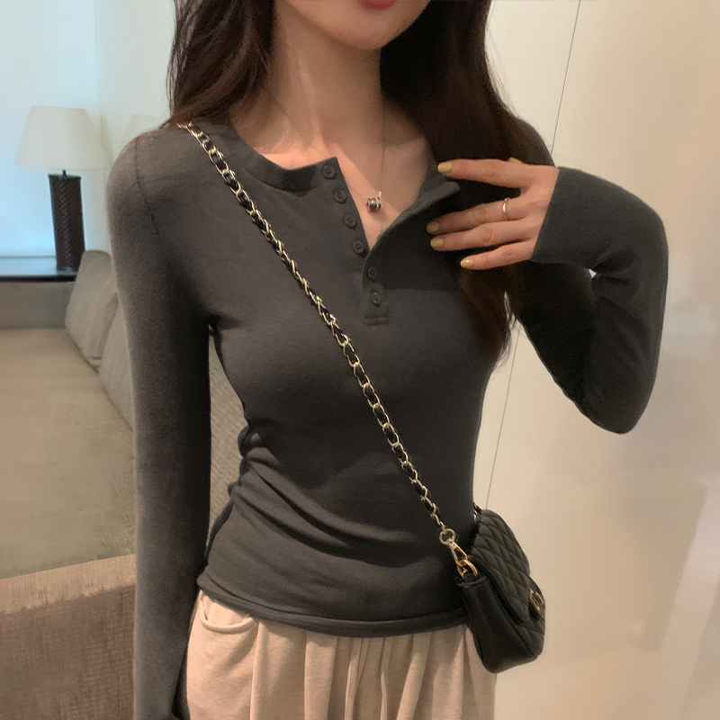 白花灰正肩排扣打底衫女春秋半开领修身甜辣内搭上衣简约长袖T恤|undefined