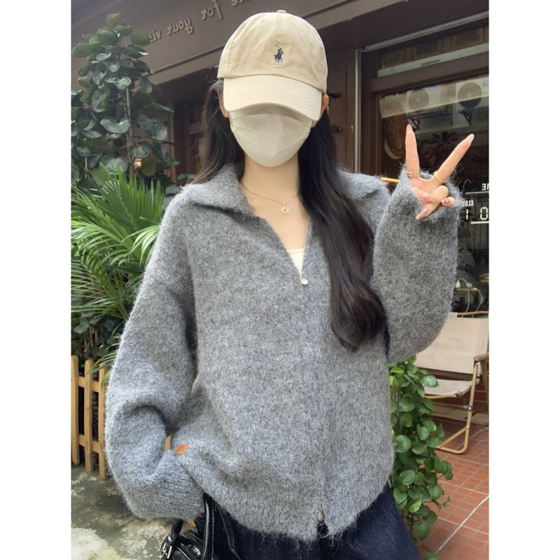 YS秋冬韩版宽松polo领双拉链慵懒毛衣外套女时尚休闲针织开衫外穿|undefined
