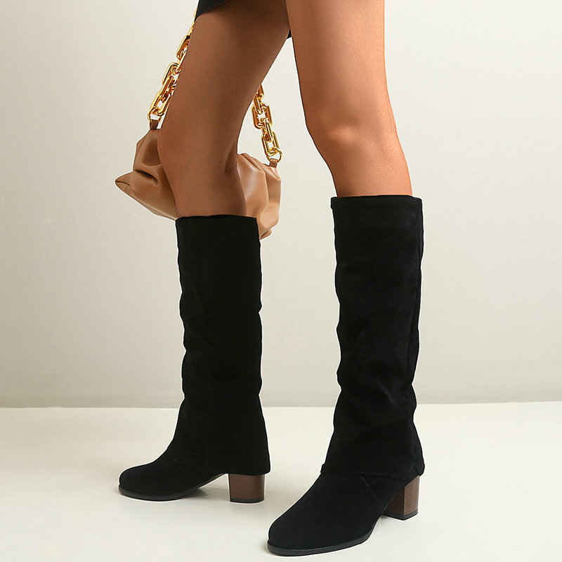 Women's New Autumn and Winter Mid-Length Martin Boots with Fleece Lining, Chunky High Heels, Knee-High Boots, Suede British Style Long Boots Women's New Autumn and Winter Mid-Length Martin Boots with Fleece Lining, Chunky High Heels, Knee-High Boots, Suede British Style Long Boots