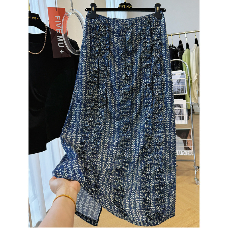 Light Luxury and High-End Retro Small Floral Linen High-Waist Hip-Covering Long Skirt for Women in Summer