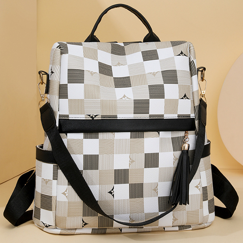 Mochila antirrobo de cuero suave de doble uso para mujer 2024 nuevo estilo coreano casual para mujer mochila bolso de viaje a cuadros de moda