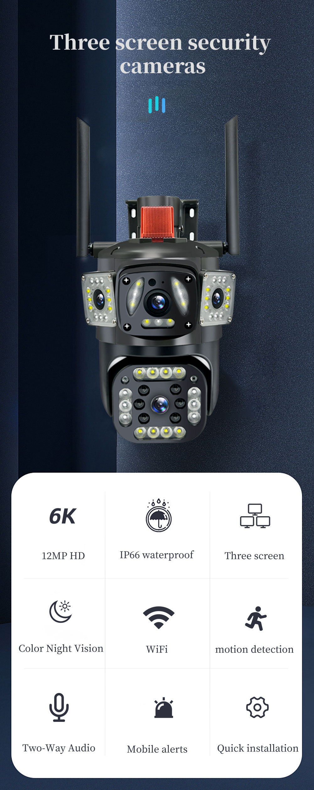 V380-WiFi Dört Lensli Üç Ekran İç Dış Mekan Full HD Renkli Uyarı Gözetim Kamerası