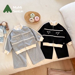 子供用コートカジュアルスーツ春秋2025新作カジュアル蝶結び2点セット秋服女の子洋風子供服
