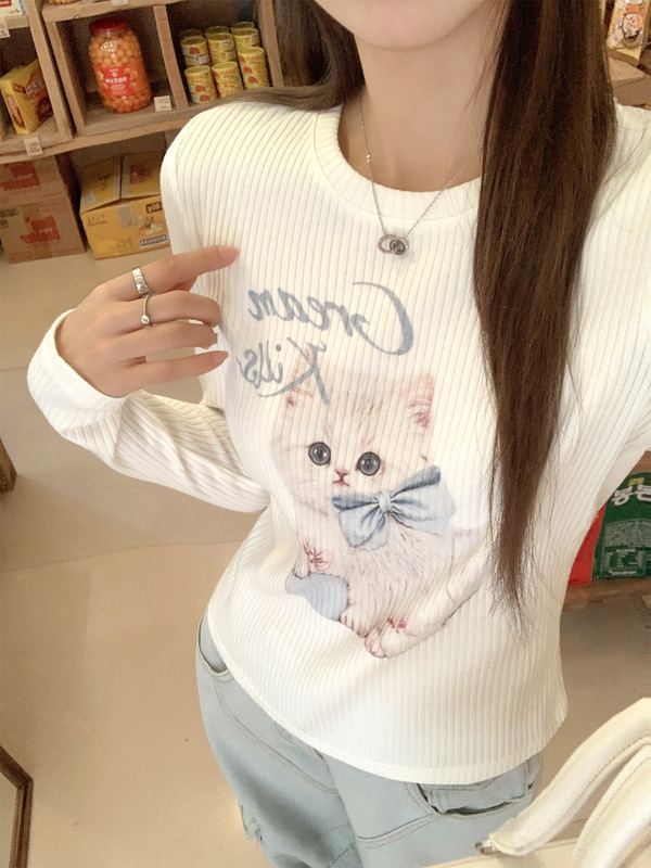 Cat Print Design White Bottoming Right Shoulder Long-Sleeved T-Shirt for Women 2025 Early Autumn New Slimming Look Top
