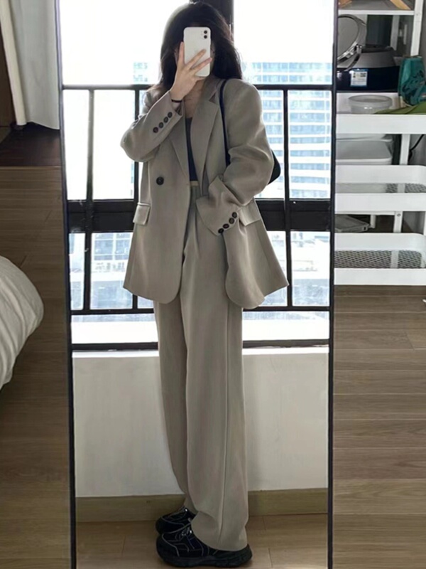 Gray Suit Set for Women, High-End 2025 New Style Petite Casual Blazer with Wide-Leg Pants Two-Piece Set