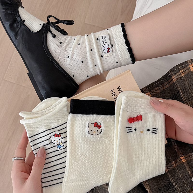 Cute Kitty Cat Embroidered Mid-Calf Socks Spring and Summer Black and White Striped Polka Dot Slouch Socks Mesh Breathable Thin Cotton Socks