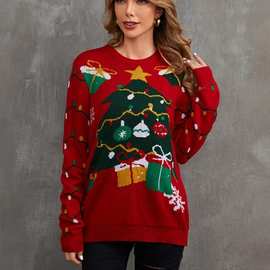 厂家加工定制欧美外贸圣诞节红色女士毛衣提花圣诞树套头针织衫