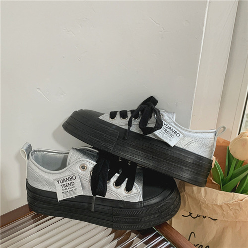  Autumn Korean Style Versatile Fashion PU Leather Canvas Flat Shoes for Women, Harajuku Hong Kong Style Casual Women's Shoes for Dropshipping
