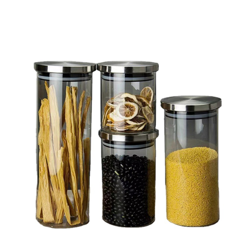Venta al por mayor de acero inoxidable cubierta de granos de cocina botella de almacenamiento de vidrio sellado tarro fijo logotipo engrosado tarro de almacenamiento transparente