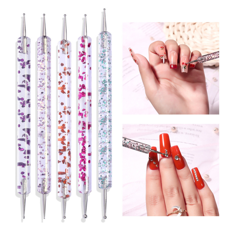 Double-Headed Manicure Dot Pen, 5 Pieces, Crystal Acrylic Pen Holder with Diamonds, Special Multi-Functional Manicure Tool