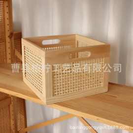 木制收纳筐带把手复古藤编收纳篮置物筐 客厅玩具书本收纳