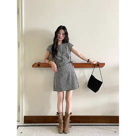 【少女钢琴键】歌铭法式复古黑白格子连衣裙女一片式中长裙N287C