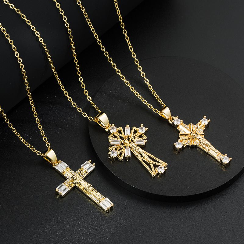 Fashion Gold Inlaid Color Zircon Creative Cross Copper Necklace display picture 2