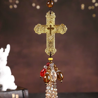peace, Car hanging - golden-cross-bead-pendant
