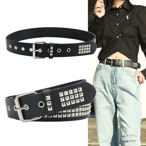 Fashionable and versatile cross-border retro square bead pyramid women's belt European and American punk jeans decorative belt for men