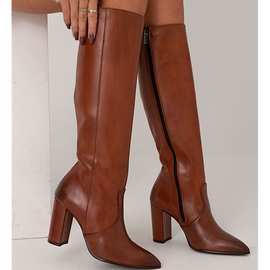 Dropshopping2024冬季新品时尚高跟大码40-43尖头侧拉链高筒女靴