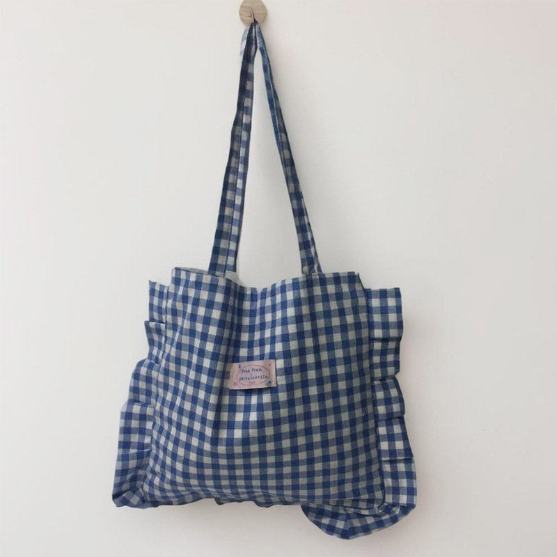 【原创设计】格子帆布袋 休闲时尚褶皱异形帆布单肩礼品文创布包