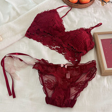 安可拉红~法式本命年三角杯美背内衣低腰性感蕾丝系带内裤女新年