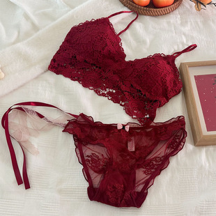 Angala Red ~ French Benmingnian Triangle Cup Beautiful Back Underwear Low Waist Sexy Lace-Up Underwear Women's New Year