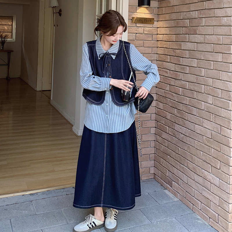 实拍通勤条纹衬衫牛仔马甲套装新款秋季韩系流行半身裙淡人一整套|undefined