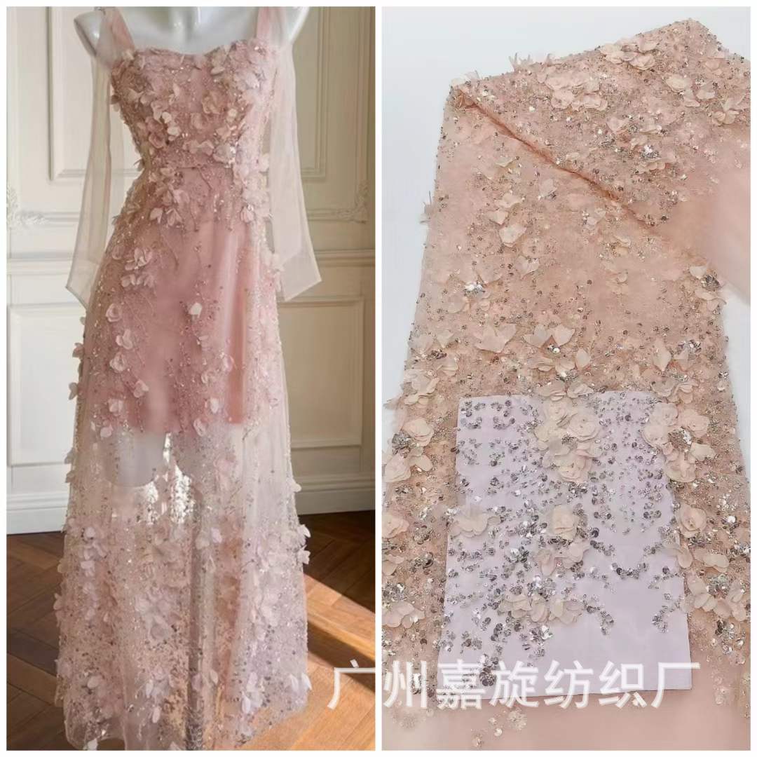 Spot shrimp rosa flor tridimensional tubo de cuentas lentejuelas malla tela bordada vestido de hada pasarela vestido de noche tela