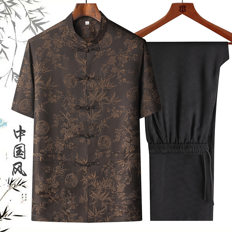 Tang Suit Men's Ice Silk Middle-aged and Elderly Short-sleeved suit Grandpa Chinese Style Hanfu Dad Summer Suit Old People's Clothes Dad Tang Suit Men's Ice Silk Middle-aged and Elderly Short-sleeved suit Grandpa Chinese Style Hanfu Dad Summer Suit Old People's Clothes Dad