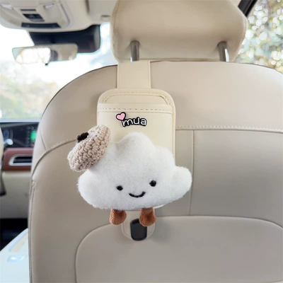Car cup holder/beverage holder – Car seat back storage rack - off-white-leather-cup-holder-with-hook-and-off-white-beret