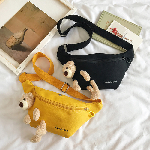 New Cute Plush Bear Chest Bag for Girls, Japanese Style Children's Bag, Unique Canvas Crossbody Bag, Mobile Waist Bag