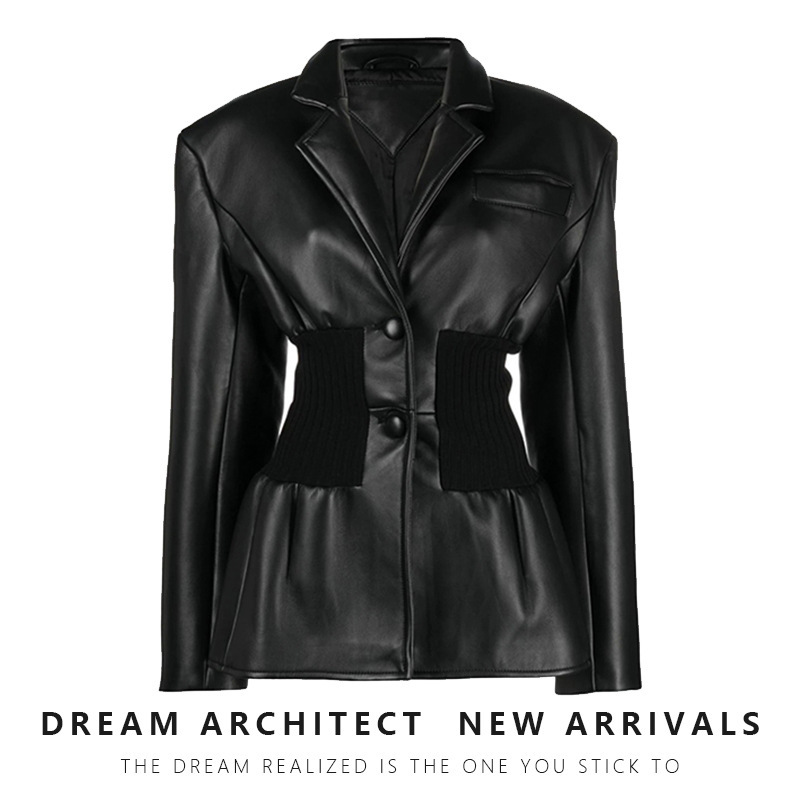 Niche Design Catwalk Style Pu Jacket 2024 New Splicing Knitted Super Waisted Silhouette Suit